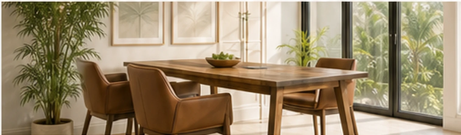 Warm premium workspace with tropical greenery